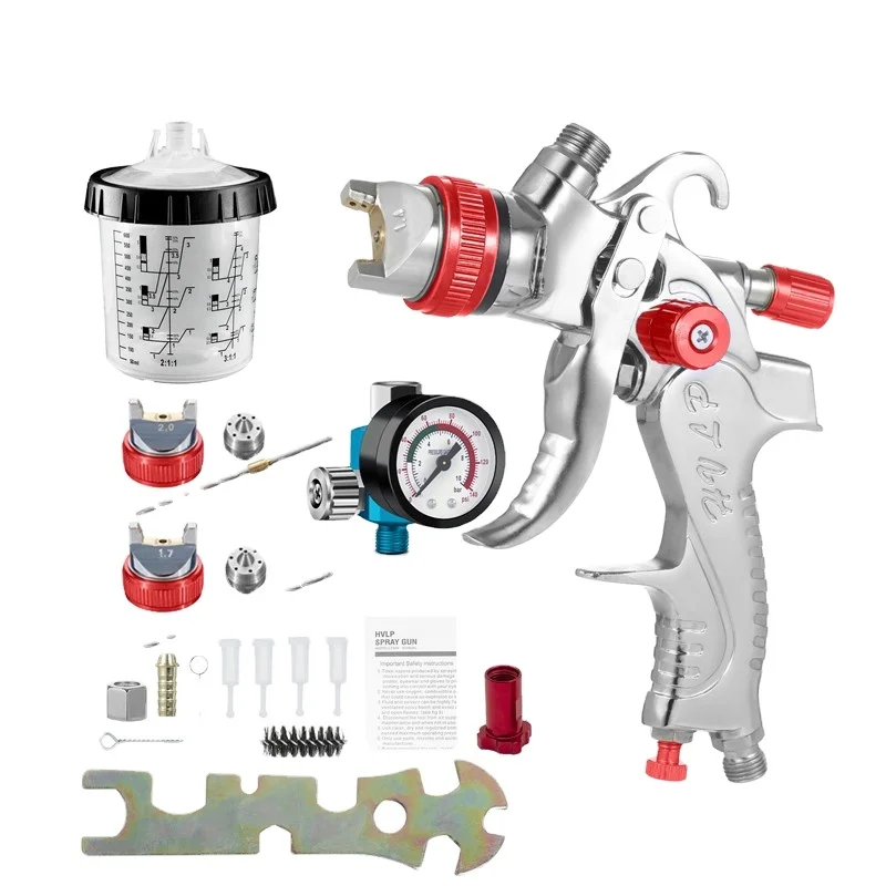 Spray Paint Gun Set Contain 3 Nozzles 1.4/1.7/2.0 Mm & Pressure Gauge For Car Painting