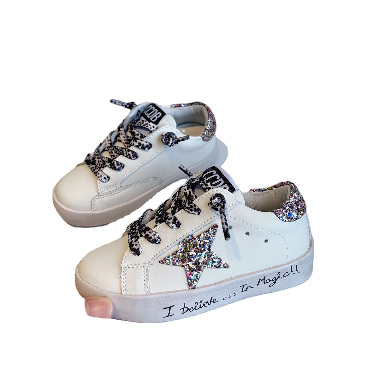 Kids Boys and Girls I Believe In Magic Glitter Star Sneakers Golden Kids Sequin Star Lace-Up Leopard Distress Dirty Shoes