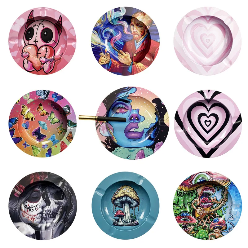 Wholesale custom printed round metal tin ashtray portable smoke ashtray Cigarettes Ashtray