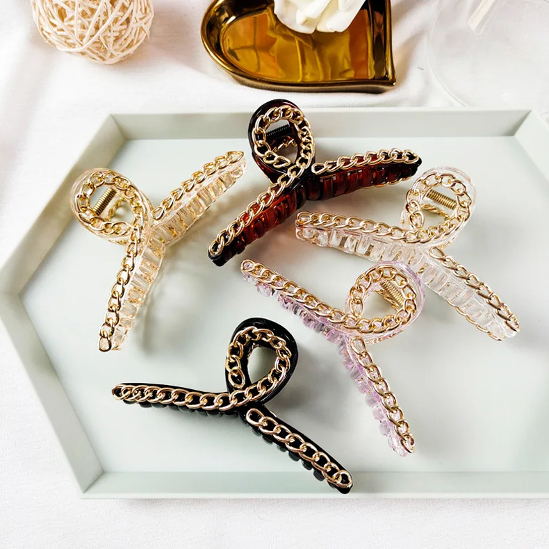 Fashon Girls Head Decoration Oversize Hair Clamps women plastic Claw hair jaw clip  with metal chain claw  hair clip
