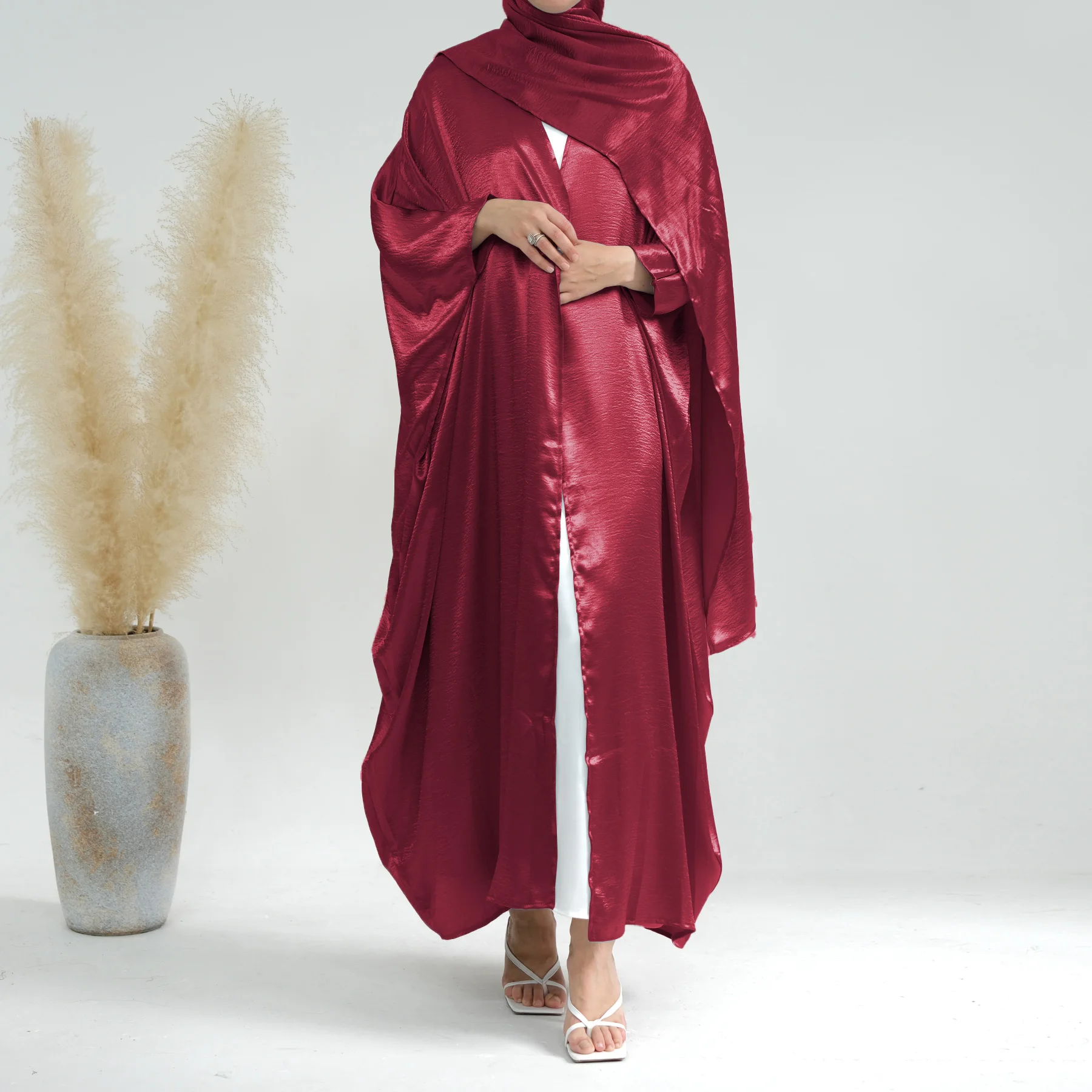 Loriya islamic clothing Women Cardigan Kimono Abaya Dubai Modest Dresses Hijab Dress 2pc set Butterfly Satin Front Open Abaya