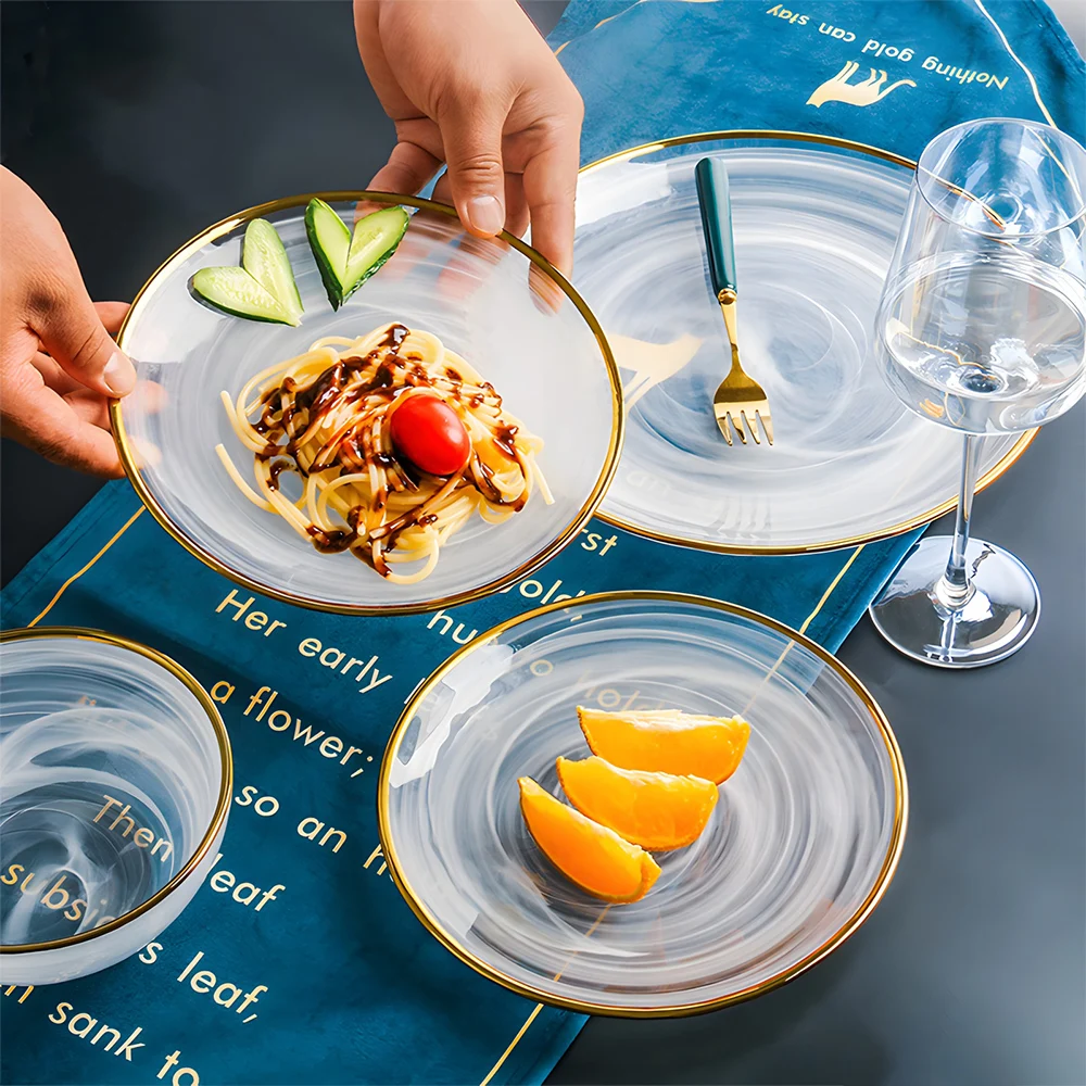 Wholesale Modern Unique Custom Luxury Cloud Pattern Heat Resistance Gold Rim Crystal Clear Glass Charger Plates For Wedding