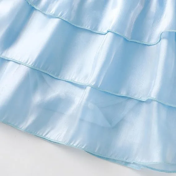 Wholesale kids girls blue straps dresses linen cotton ruffles chest layers skirt dresses baby girls boutique dresses