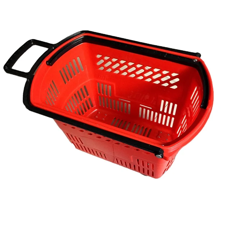 High Quality Rolling Plastic Supermarket Shopping Basket With Wheels