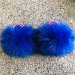 Kids Fluffy Slippers Children Slides Real Fox Fur Flip Flops Plush Shoes Girls Outdoor Fur Slipper Furry Home Cute Baby Sandals