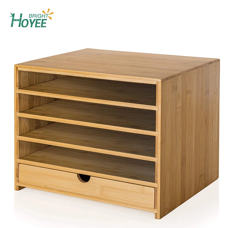 Wholesale Bamboo Four Cubby Paper Letter Tray Organizer with Drawer