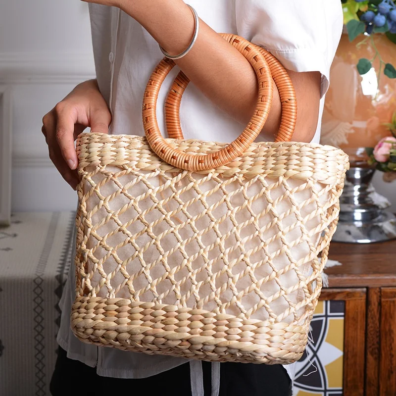 Female Tote Rattan Wicker Bags Handmade Bohemian Reticular Water Hyacinth Handle Bag