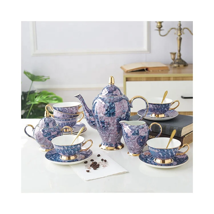 European bone china tea sets high-grade gemstone blue pink 15-pieces ceramic coffee cup set