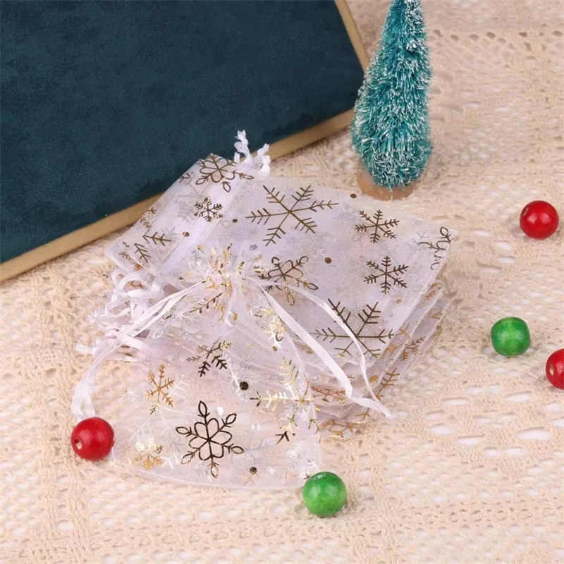 7*9cm Organza Drawstring Handle Wedding Candy Pouches for Christmas Snowflake Gift Packaging