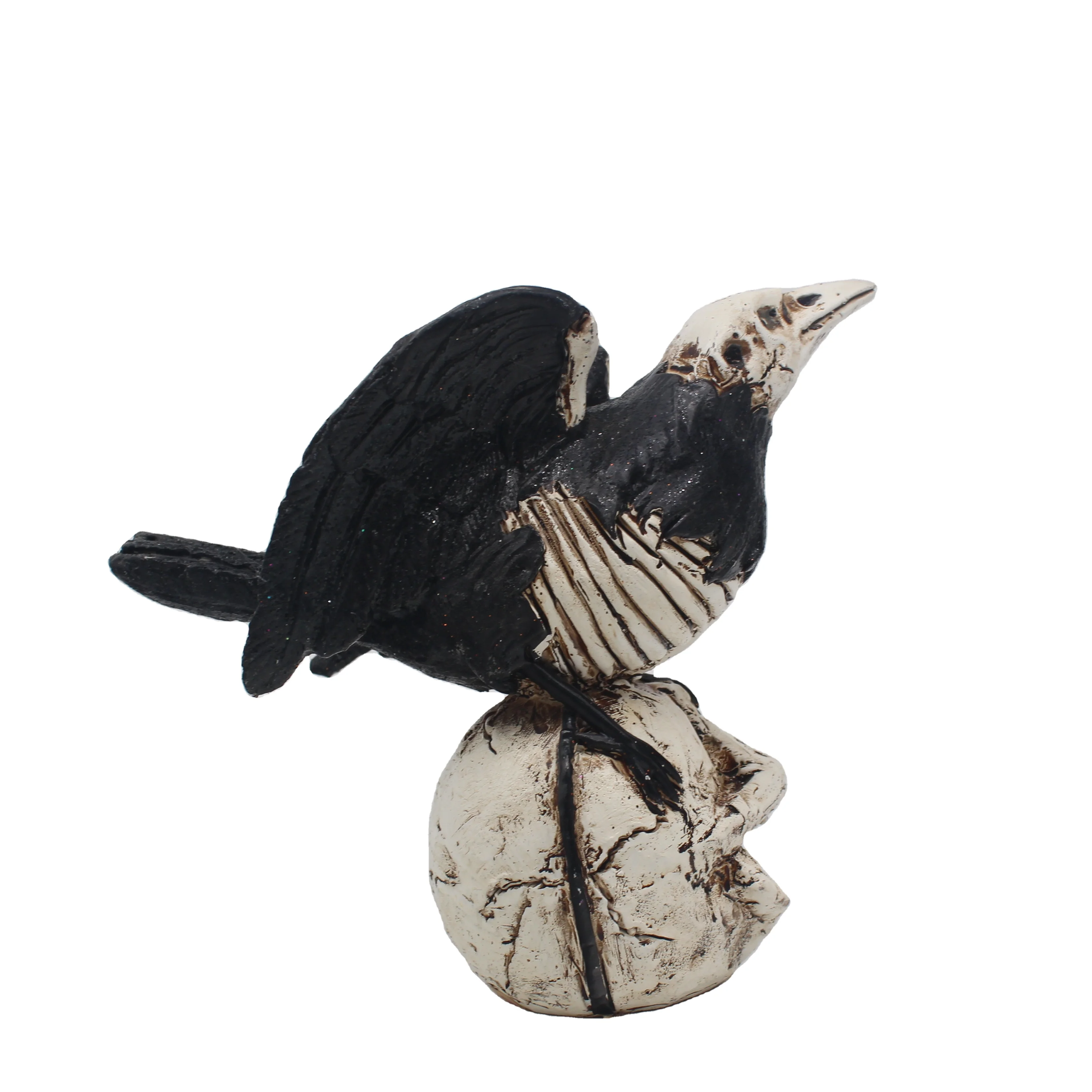 Custom Resin Crafts Vintage Black Crow Skull Head Figurine Ornament Skeleton Bones Gothic Art Glitter Halloween Decorations