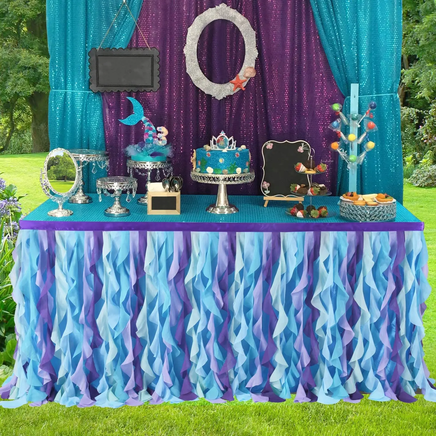 6ft Mermaid Curly Willow Tulle Ruffle Table Skirt for Baby Shower  hawaiian beach hula table skirt for holiday party
