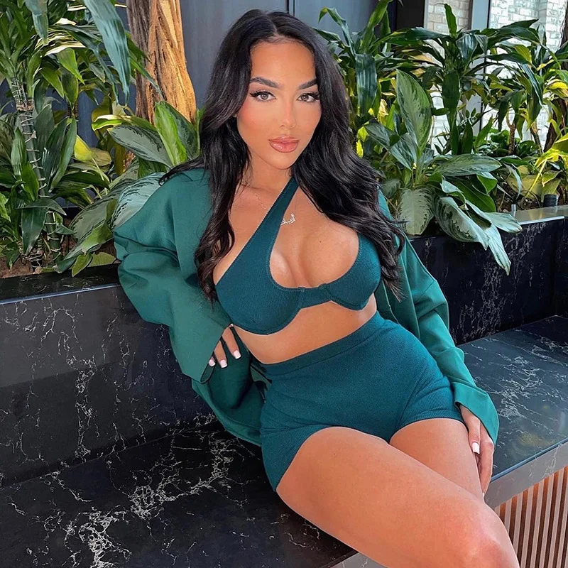 KX-K21ST717 New design solid color summer sets for women clothing hollow one-shoulder shorts casual suit two piece sets 2022