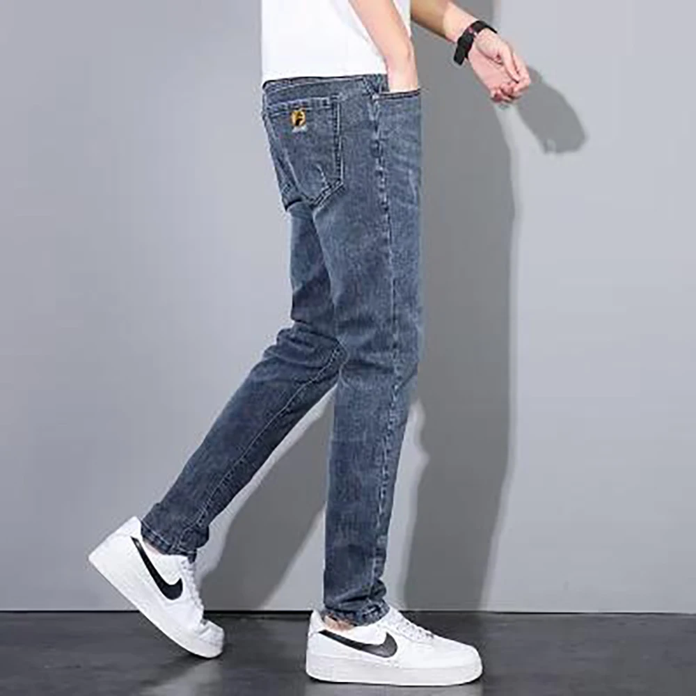Custom High Street Hip Pop European Blue Washed Denim Spray Casual Jeans for Man