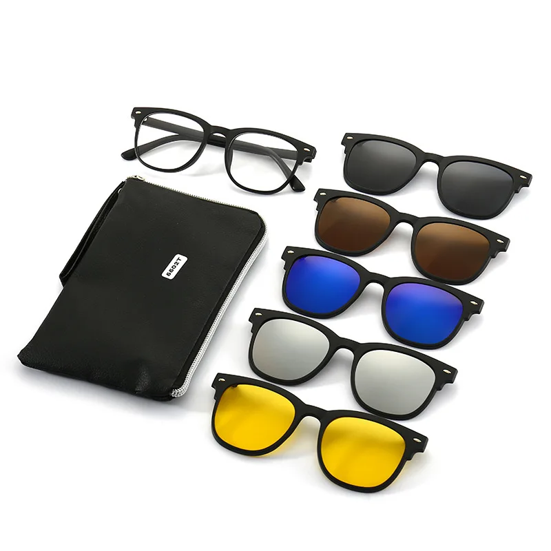 Eyewear 5 in 1 Magnet Eyeglasses Frames Interchange Lenses Sunglass Magnetic Polarized Clip On Glasses