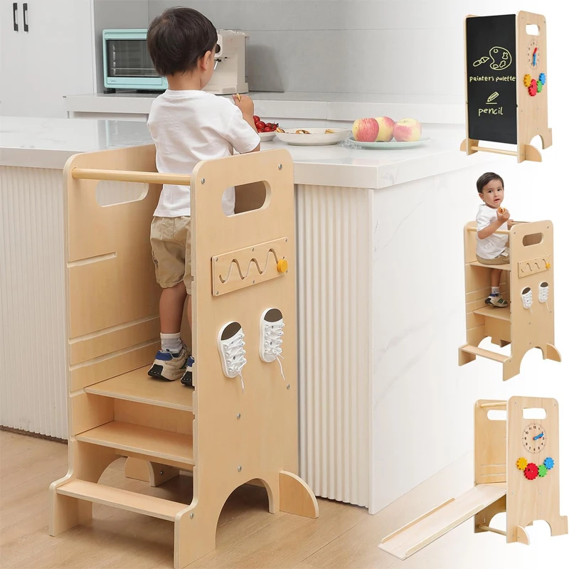 Adjustable Standing Tower for Kitchen Counter with Slide,Montessori Activities Toddler Tower 4 in 1 Toddler Kitchen Stool Helper