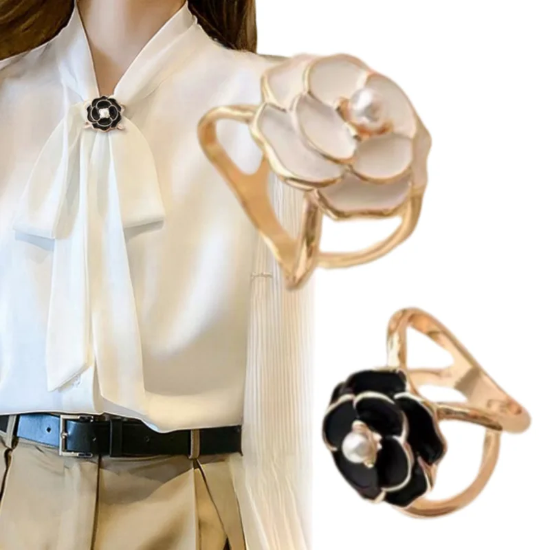 Camellia design Pearl Decoration Metal Accessories Scarf Buckles Ring Trench Coat Belt Knotting Buckle Scarf Ring Clip For Women