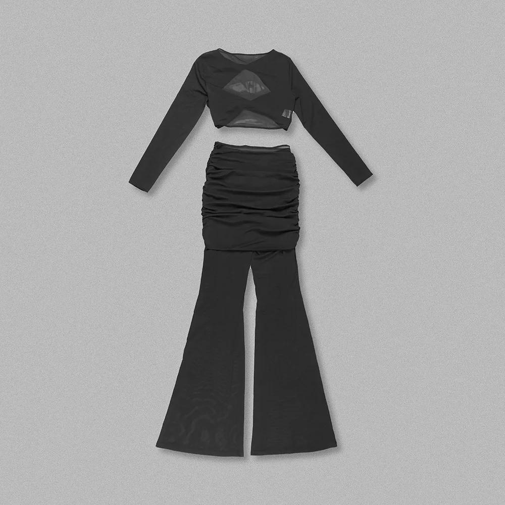 A8706 Hot Selling Beige Black Women Two Piece Suits Cutout Tops Sexy Ladies Two Pieces Suits