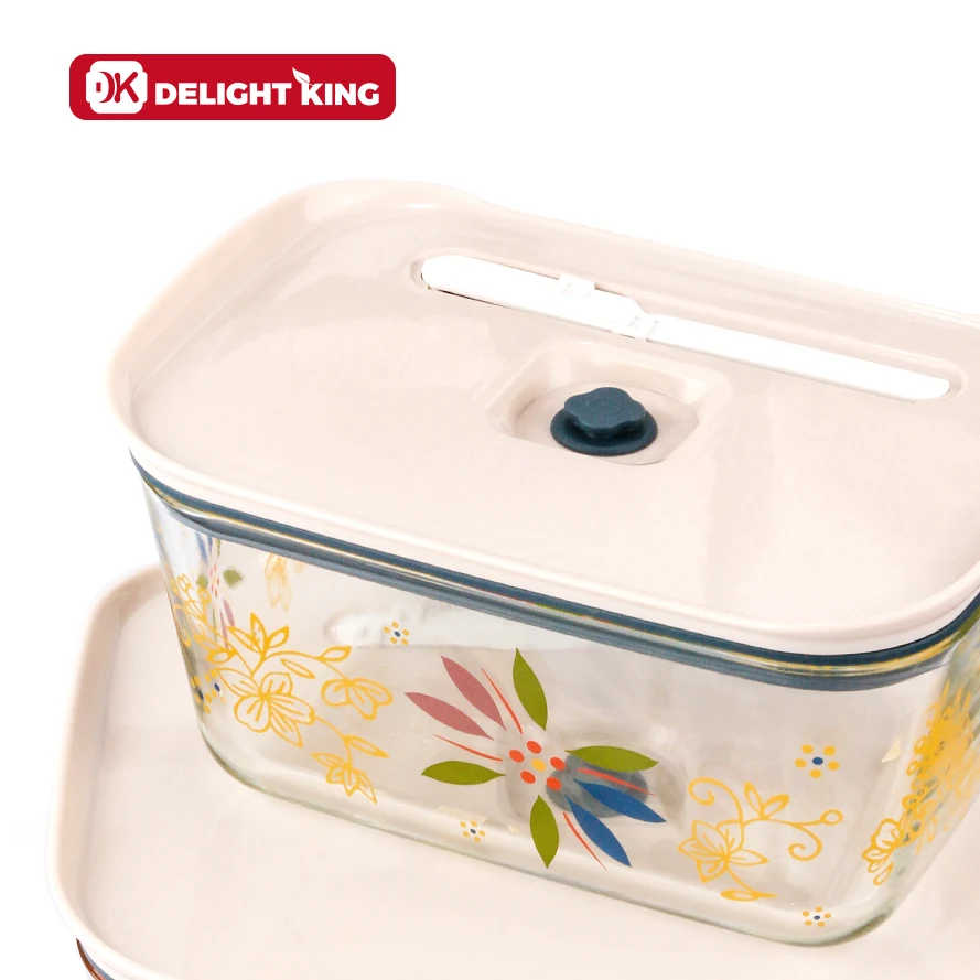 Vacuumed glass food container with vacuum rod for keeping food fresh glass food containers set
