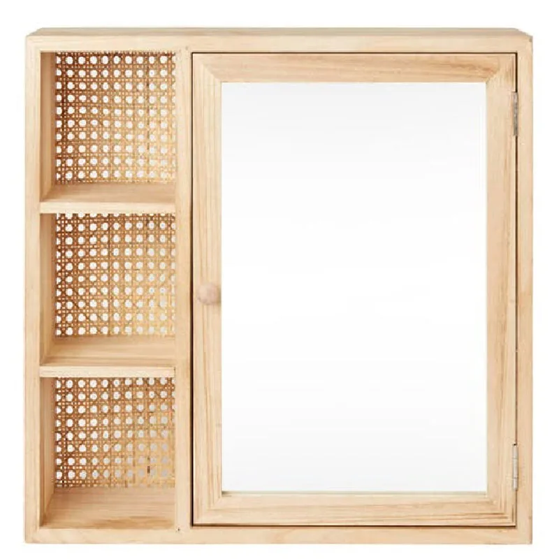 Wall Mounted Rattan Modern Storage Wall Bathroom Cabinet With Mirror