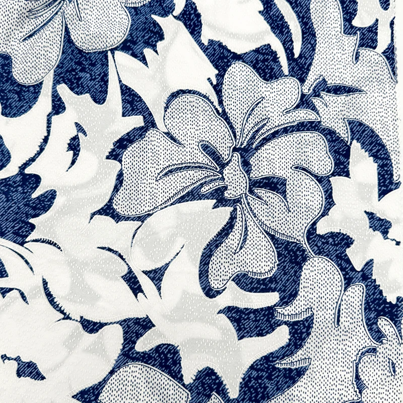 Fabric Factory Custom White and Blue Flower 3D Textured Embossed Polyester Spandex Jacquard Fabric for Garment Dress