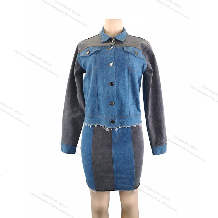 Ready To Ship 2021 Fashion Elegant Long Sleeve Denim Jackets Top And Skirts Three Piece Women Clothing Skirt Set