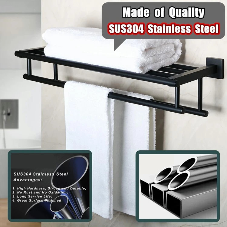 Jutye Bathroom Wall Mount stainless steel Tower Holder Towel Hanger with Double Towel Bars Black Towel Rack