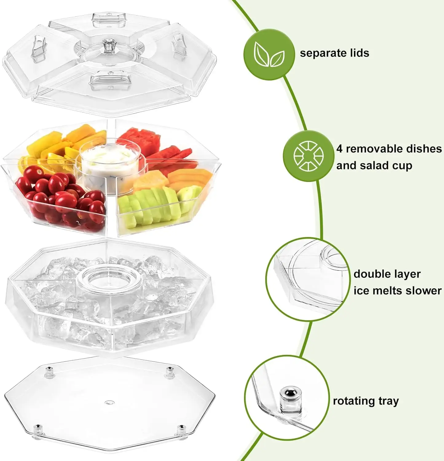 Ice Serving Lazy Susan, Chilled Food Containers with 4 Removable Dishes and Smooth Rotating Tray