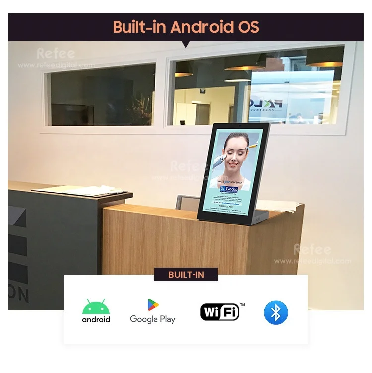 Refee Hot Sell Table Top Advertising Retail Screen Android 11 Touch Screen  Rotabel Monitor Digital Signage Display Stands