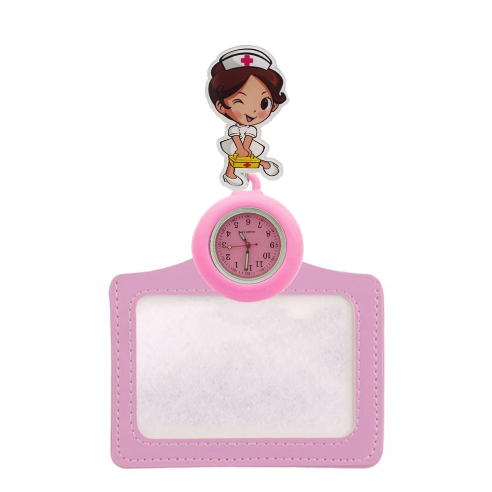 Fashion colorful unisex mens women nurse cartoon doctor pocket watches 2 in 1 Retractable Badge Reel Card Holder medical watches