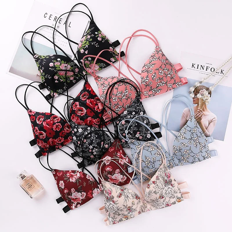 2247 Hot sales ladies Floral Print Wireless Beauty Cross Back Front Closure push up bra