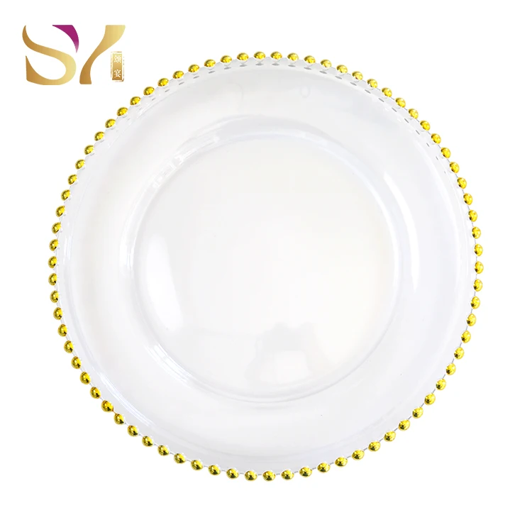 
Unbreakable transparent glass bulk clear wedding under wholesale antique crystal vintage decoration charger plates with gold rim 