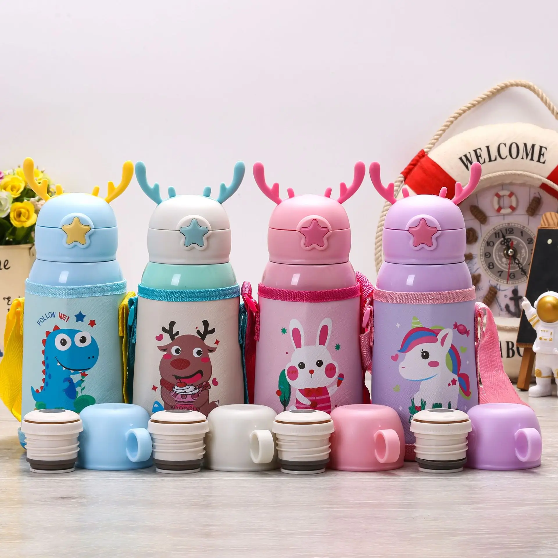 Custom 500ml 17oz Kawaii Deer Antler Water Bottles For Kids School Children 316 Stainless Steel Vacuum Thermos