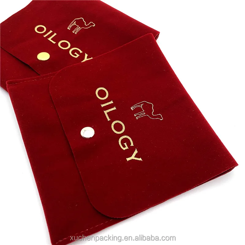 Luxury Packaging Burgundy Color Velvet Necklaces and Bracelets Bags With Button Gold Foil Logo Velvet Envelope Jewelry Pouch