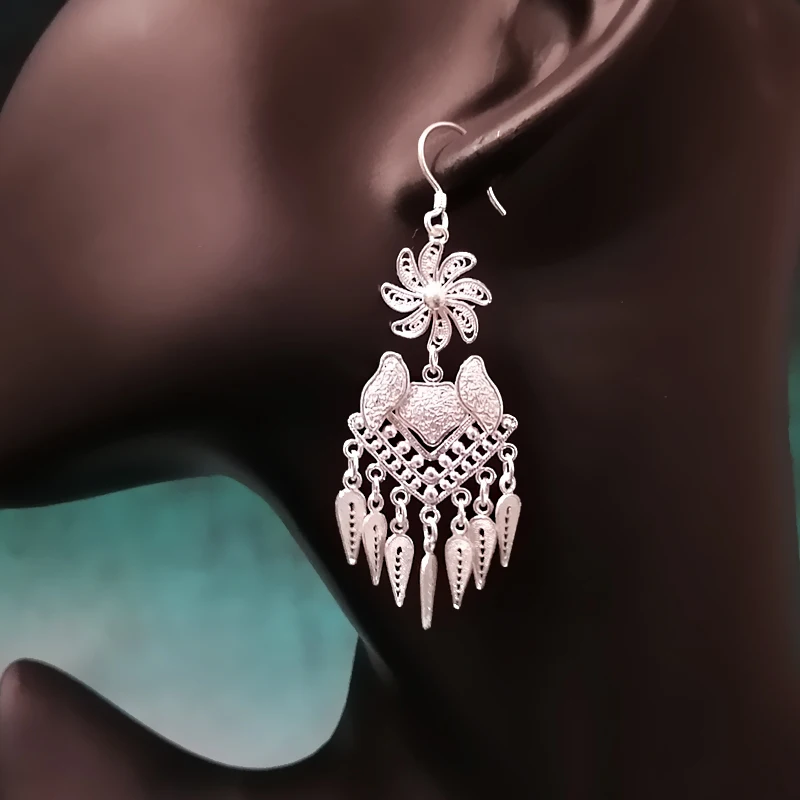 Wholesale 999 Sterling Silver Bohemian Big Drop Earrings Women Luxury Jewelry Retro Ethnic Handmade Vintage Miao Tassel Earing