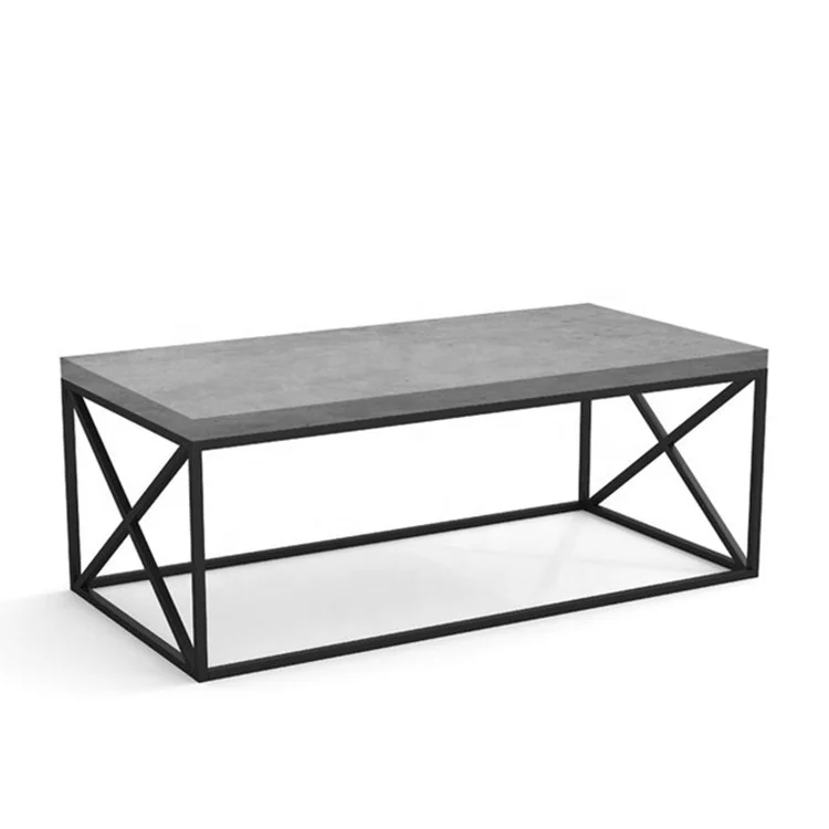 Grey Cement Look Rectangular Coffee Table with Black X Metal Frame
