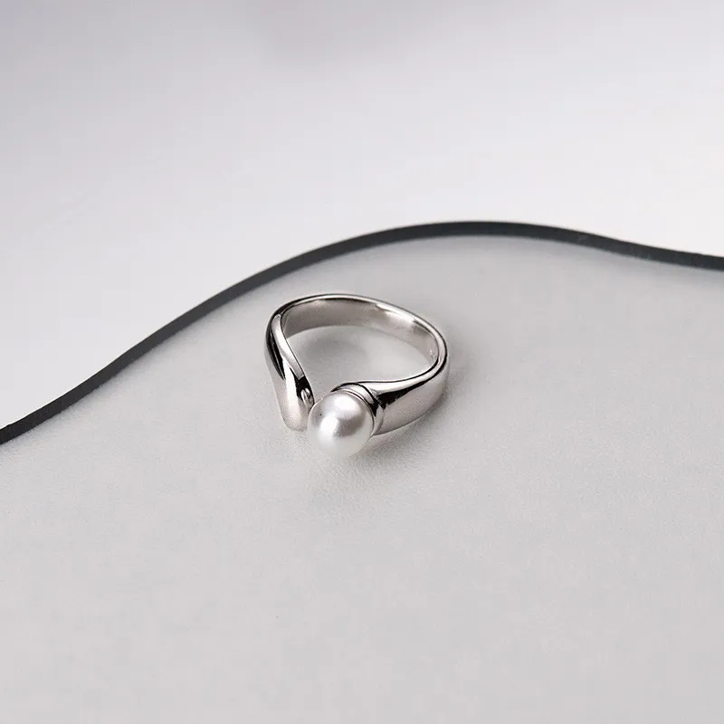 Classic Trendy 925 Sterling Silver Pearl Open Ring Creative Design Geometric Adjustable Finger Rings Gold Plated Jewelry