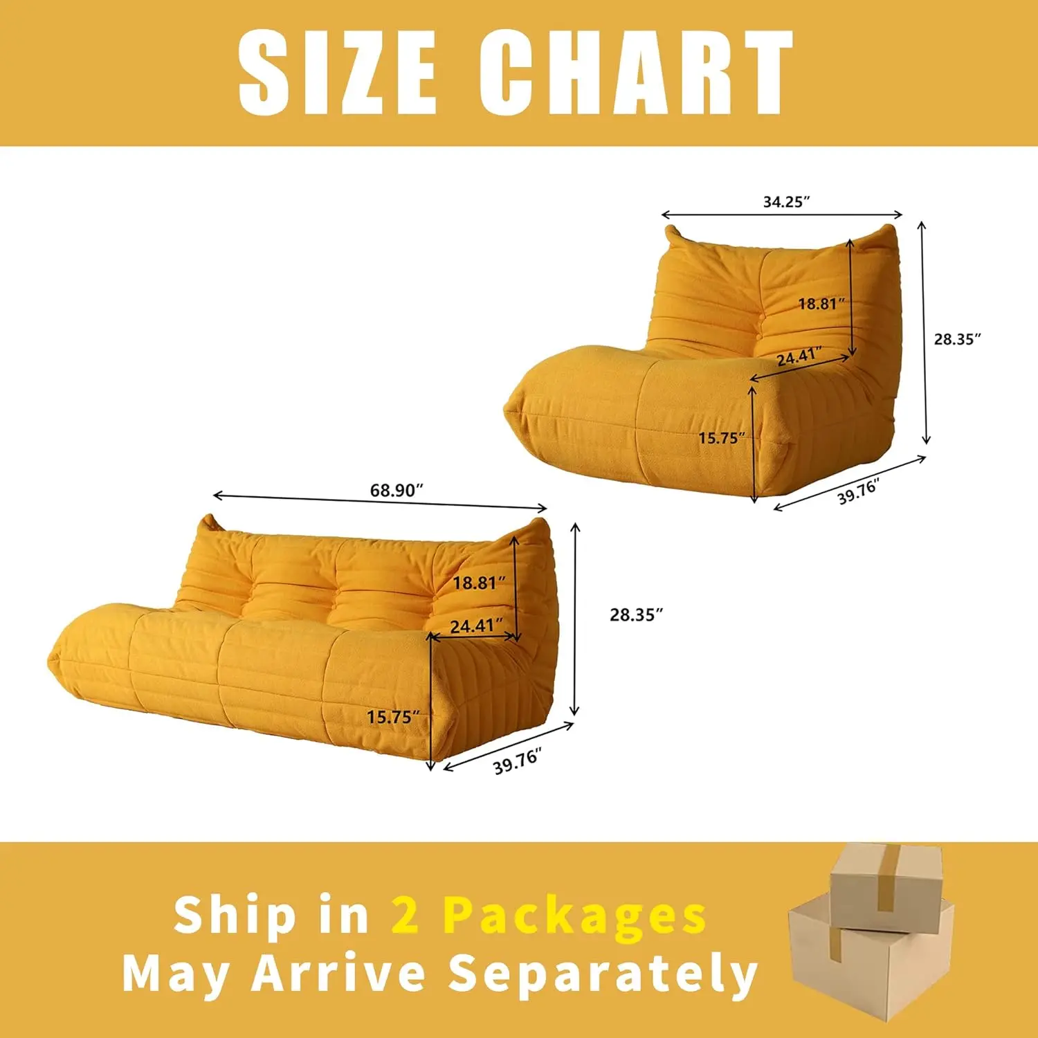 L Shape Modern Style Yellow Velvet Bean Bag Sofa Soft Lounge Accent Chair with Extendable Feature Lazy To Go Floor Sofa