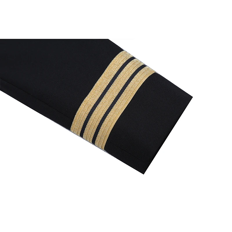
100% wool mens Pilot Uniforms double breasted peaky lapel metal button silk and thread embroidery ribbon tape for airline 