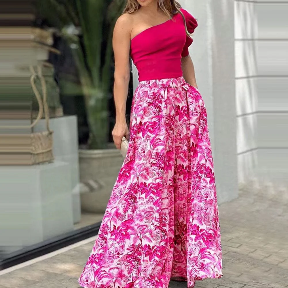 2023 New Arrivals Floral Palazzo Pants Suits Women Chic One Shoulder Top And Wide Leg Pants 2 Piece Summer Outfits