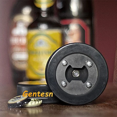 wholesale custom Rubber and stainless steel Ice hockey Puck beer opener durable bottle opener