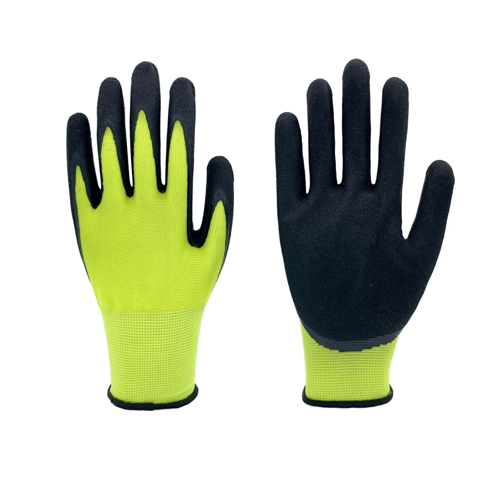 Cheap China 13G Hi-vis yellow polyester liner, black sandy nitrile palm coated gloves, double dipped Gloves For Industrial Use