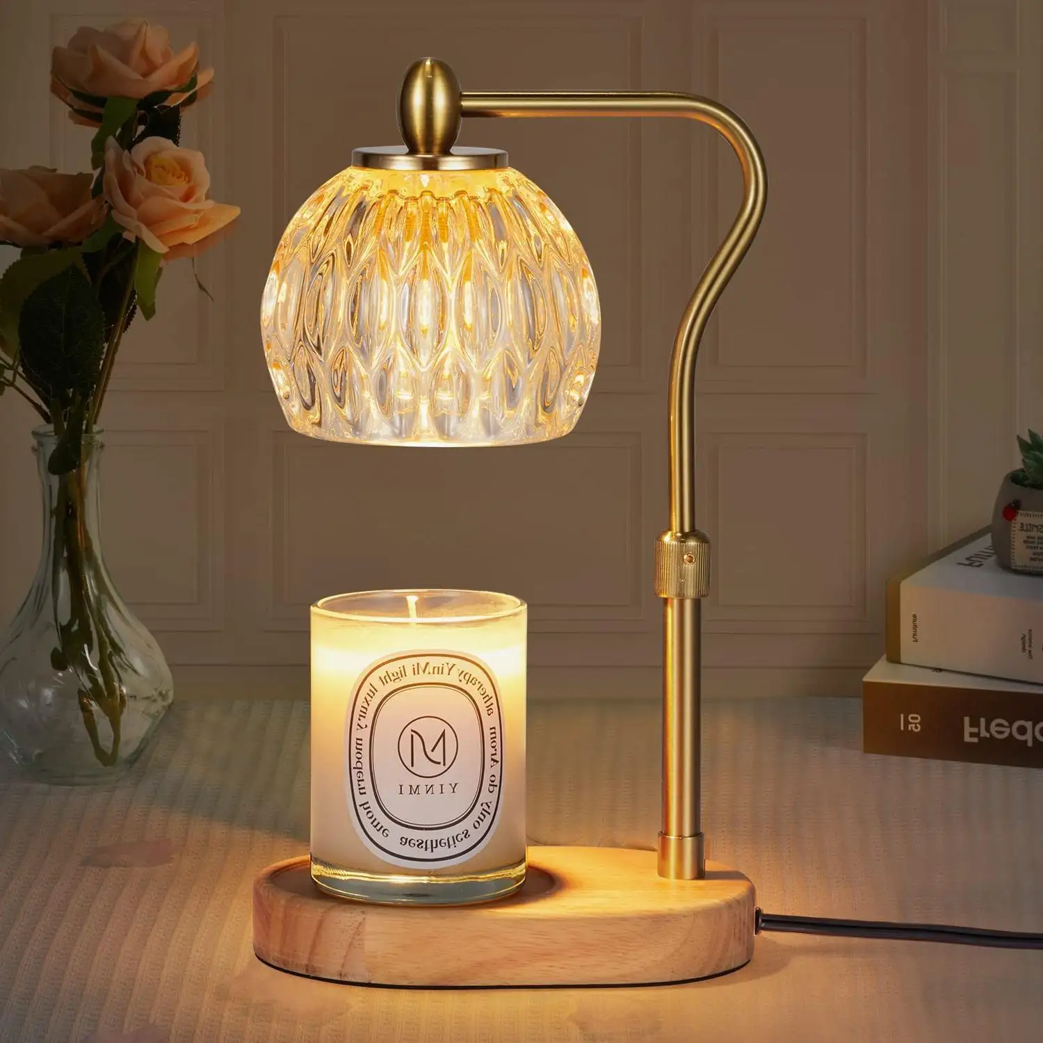 Wholesale Wooden base glass adjustable height electric candle warmer lamp with timer