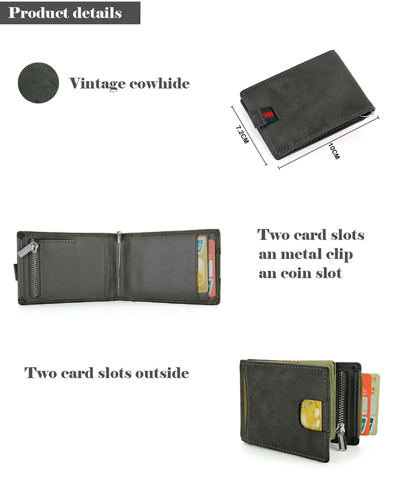 
Vintage cowhide wallet money clip retro army green bifold RFID wallet fashion leather wallet for men 