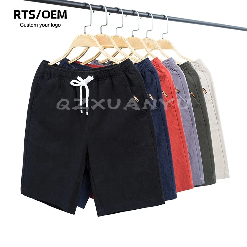 Wholesale Males Summer Wear Accept Logo Custom Hemp Linen Five-Cut Casual Fish Bone Mens Cotton Shorts With Pocket