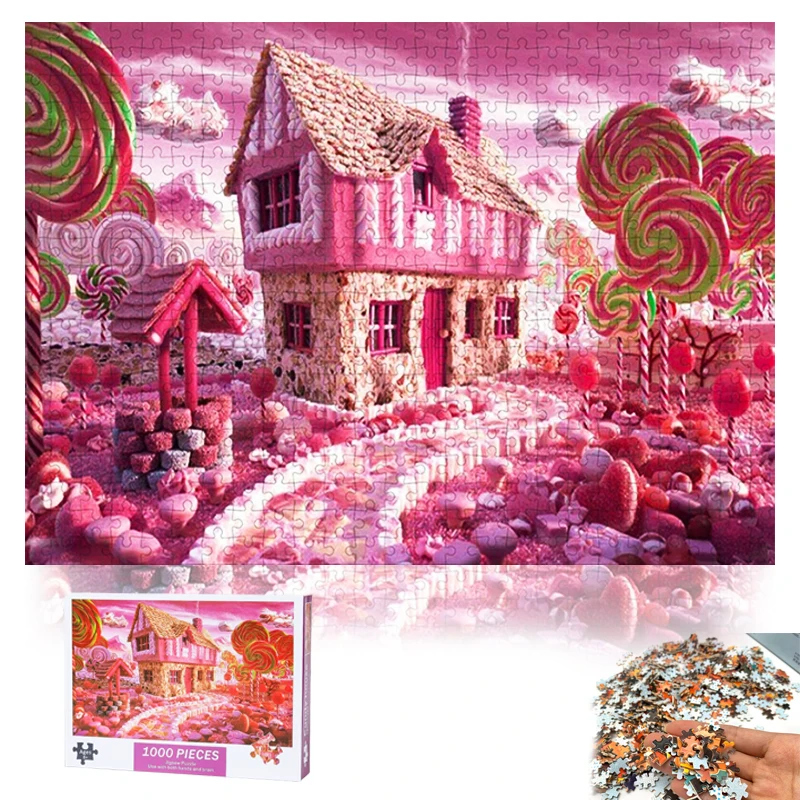 Custom Children Girls Cartoon Pink Cottage House Castle Fairy Tales Print 1000 Pieces Home Education Toy Paper Jigsaw Puzzles