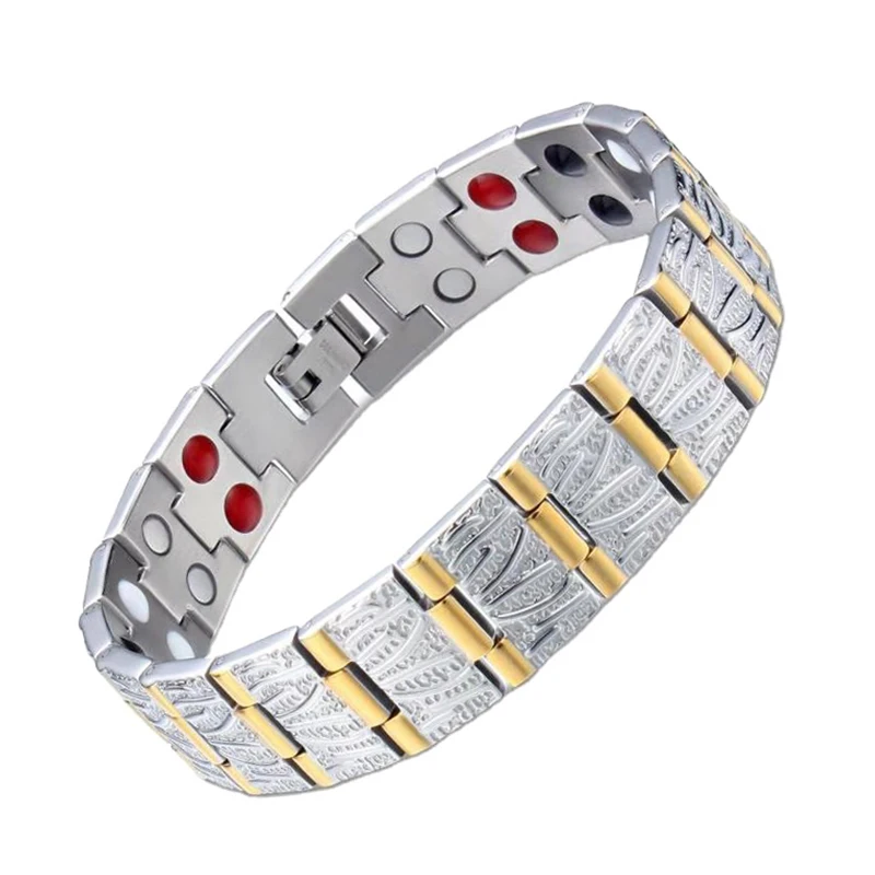 Custom Classic Logo Men Magnetic Bracelet Wholesale Stainless Steel Power Stone Gold Plated