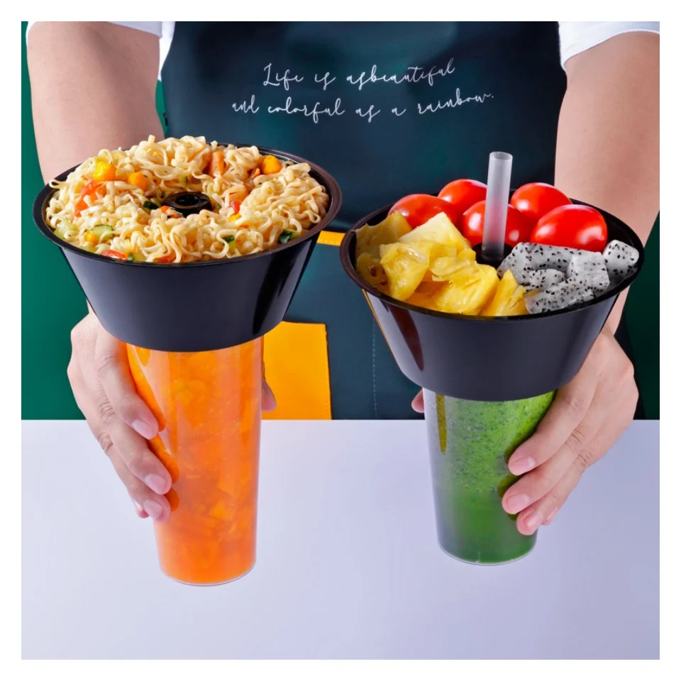PP Take-out Drinking Cup Plastic Cola Cup With Snack Bowl Holder Creative Popcorn Cup With Lids And Straws