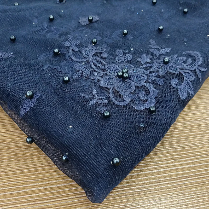 Blue 3D Flower Embroidered Lace Fabric With Pearl Rhinestone For Bridal Dress