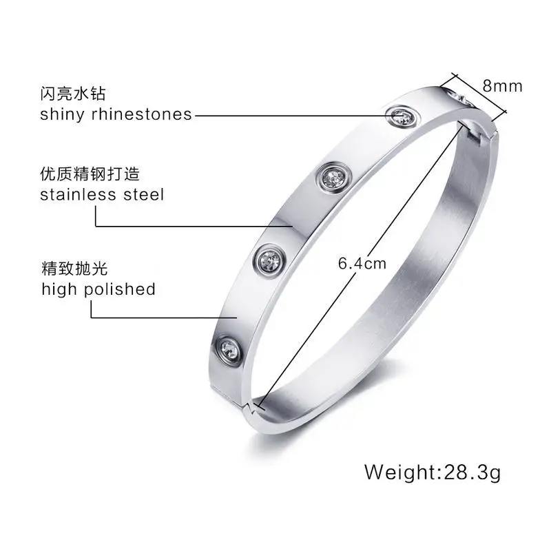 Wholesale Ladies Crystal Stone Cuff Stainless Steel Jewelry Engraved Bracelet Bangle