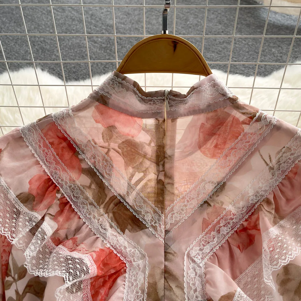 Wholesale Elegant Casual Dress Pleated Peplum Lace Printing Princess Dress Birthday Party Floral Womens Dresses